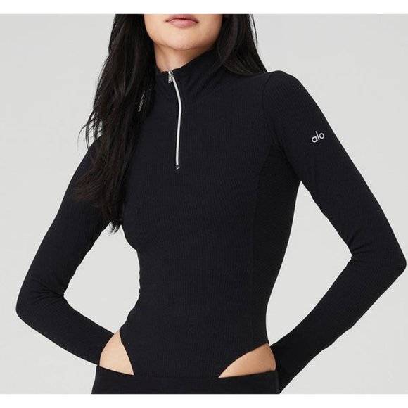 ALO Yoga Tops - Alo Rise Up Long Sleeve Bodysuit Black Mock Neck Zip-Up Turtleneck Stretchy Rib